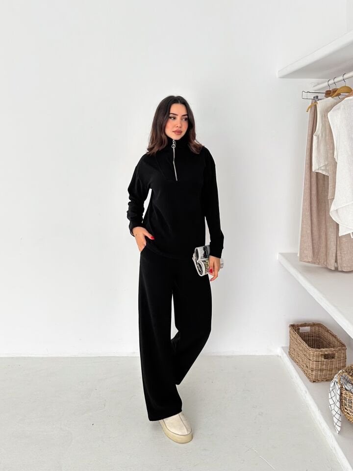 Selanik Kumaş Eşofman Takımı Kadın | Knit Tracksuit Women | Fermuarlı Rahat Fit Set XL - SİYAH
