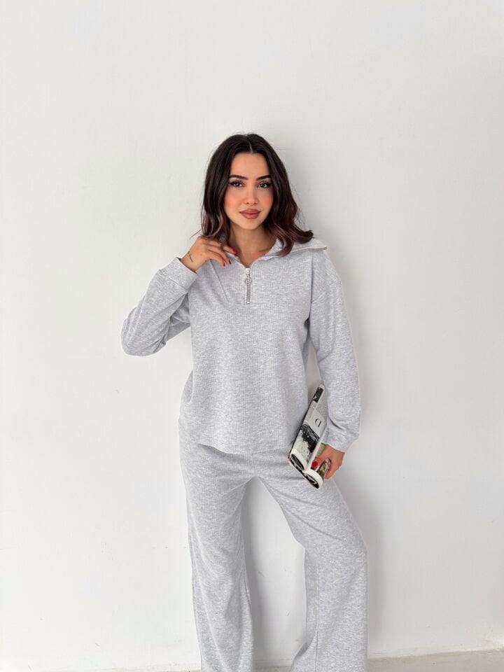 Kadın Fermuarlı Selanik Kumaş Rahat Fit Eşofman Takımı 2595 S - GRİ
