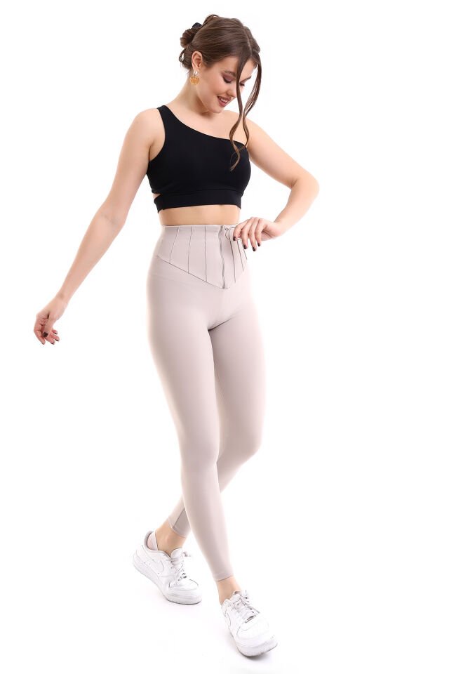 Halka Fermuarlı Tayt XS - BEJ