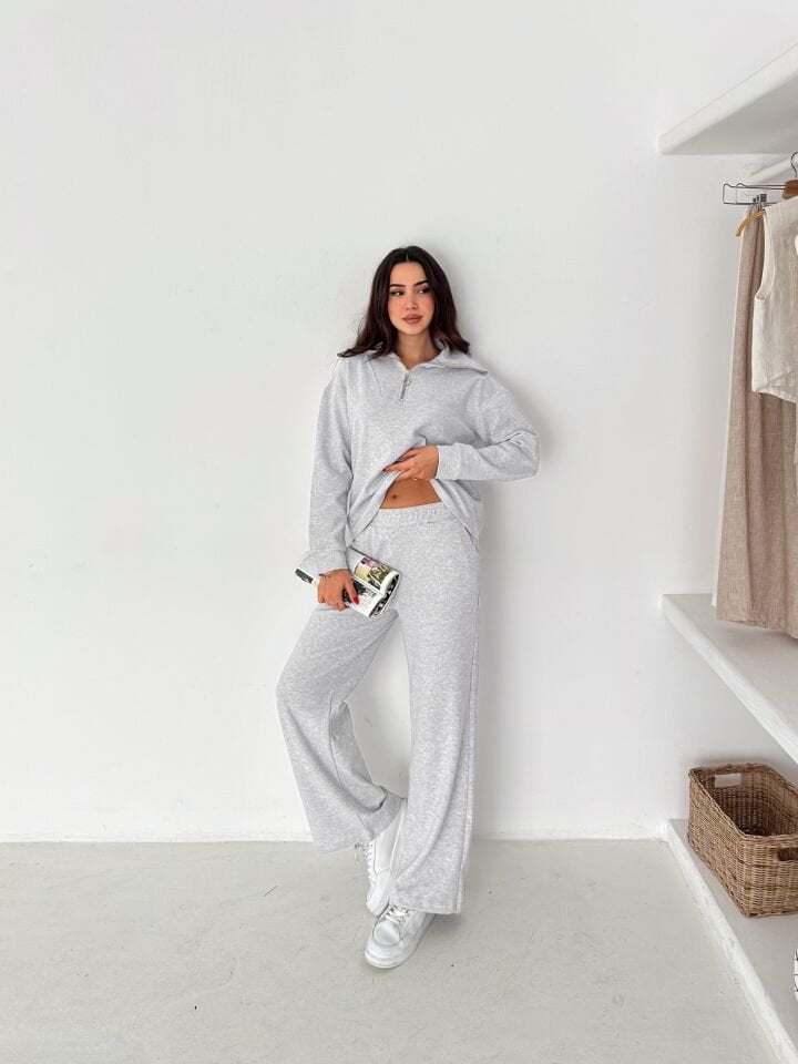 Selanik Kumaş Eşofman Takımı Kadın | Knit Tracksuit Women | Fermuarlı Rahat Fit Set XL - GRİ