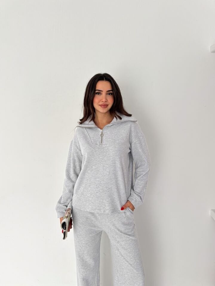 Selanik Kumaş Eşofman Takımı Kadın | Knit Tracksuit Women | Fermuarlı Rahat Fit Set XL - GRİ