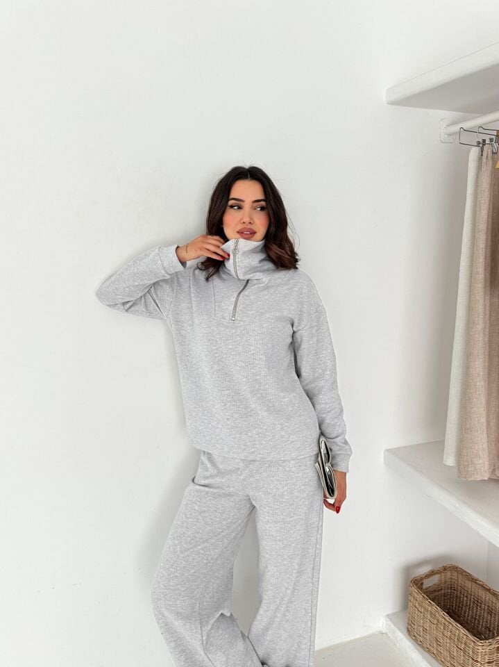 Selanik Kumaş Eşofman Takımı Kadın | Knit Tracksuit Women | Fermuarlı Rahat Fit Set XL - GRİ