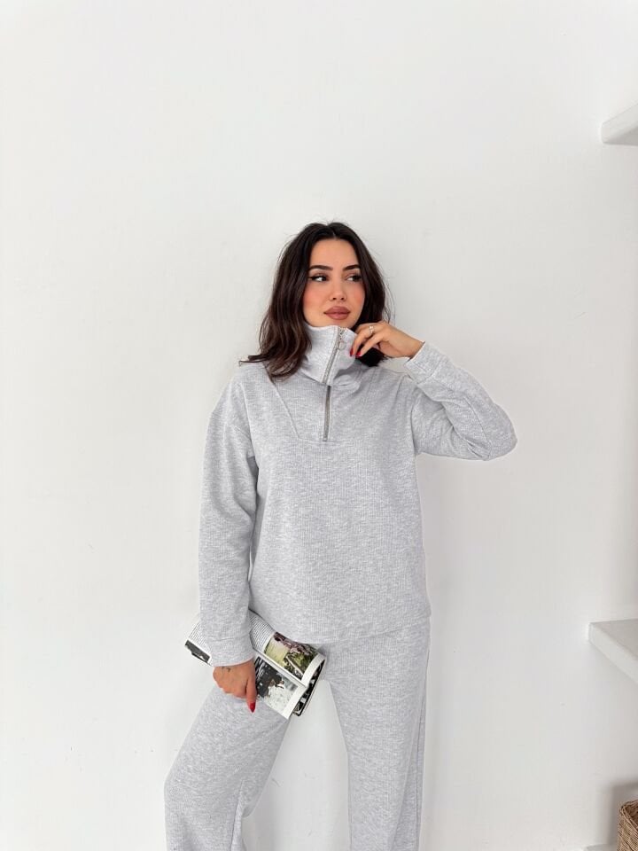 Selanik Kumaş Eşofman Takımı Kadın | Knit Tracksuit Women | Fermuarlı Rahat Fit Set XL - GRİ