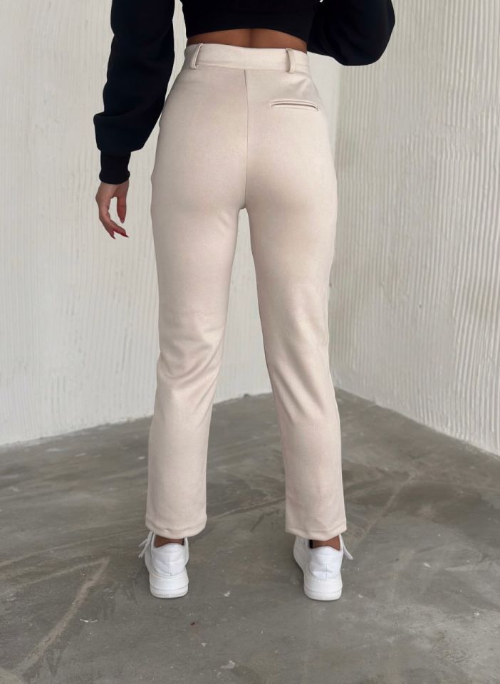 Kadın Süet Yüksek Bel Havuç Pantolon / women suede fabric high waist trousers XL - BEJ
