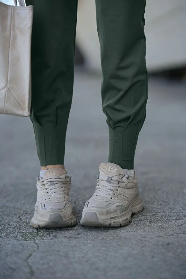 Kadın Yazlık Scuba Dalgıç 8Cm Lastik Kemerli Paça Pile Detaylı Eşofman Altı WM M - HAKİ