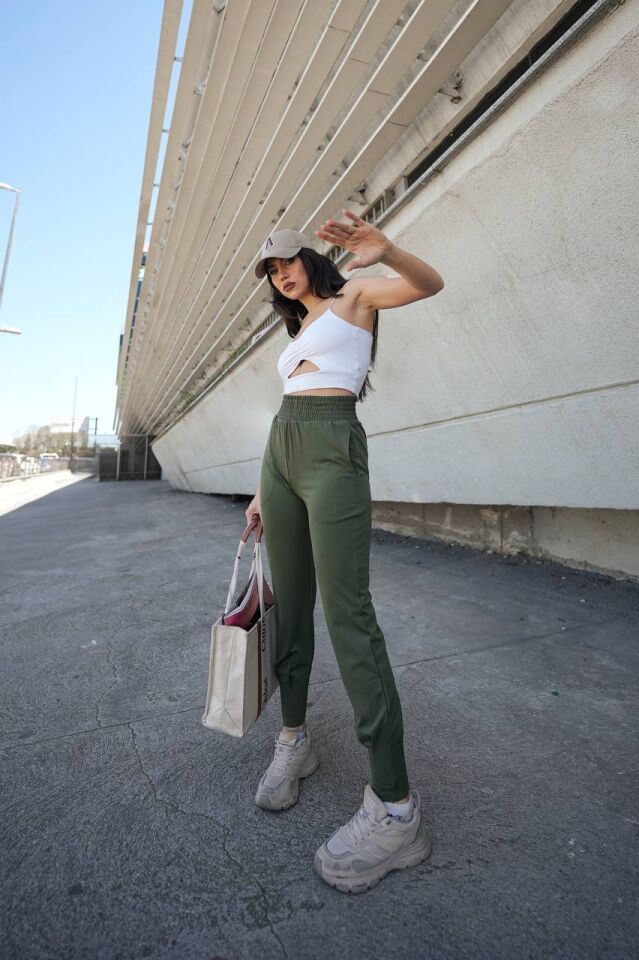 Kadın Yazlık Scuba Dalgıç 8Cm Lastik Kemerli Paça Pile Detaylı Eşofman Altı WM M - HAKİ