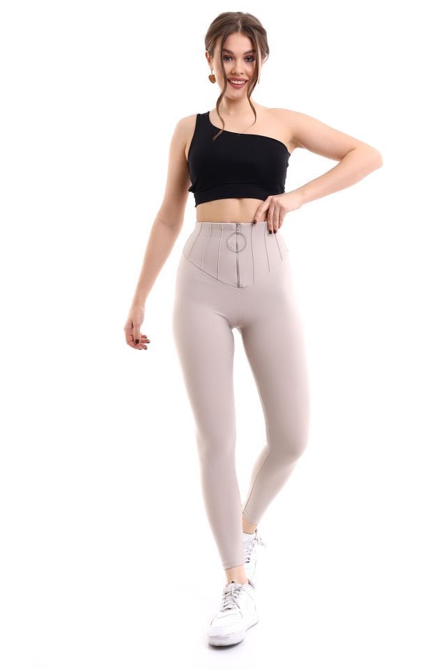 Halka Fermuarlı Tayt XL - BEJ