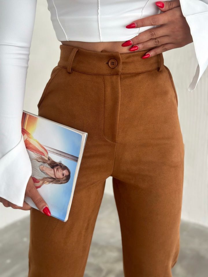 Kadın Süet Yüksek Bel Havuç Pantolon / women suede fabric high waist trousers L - KAHVERENGİ