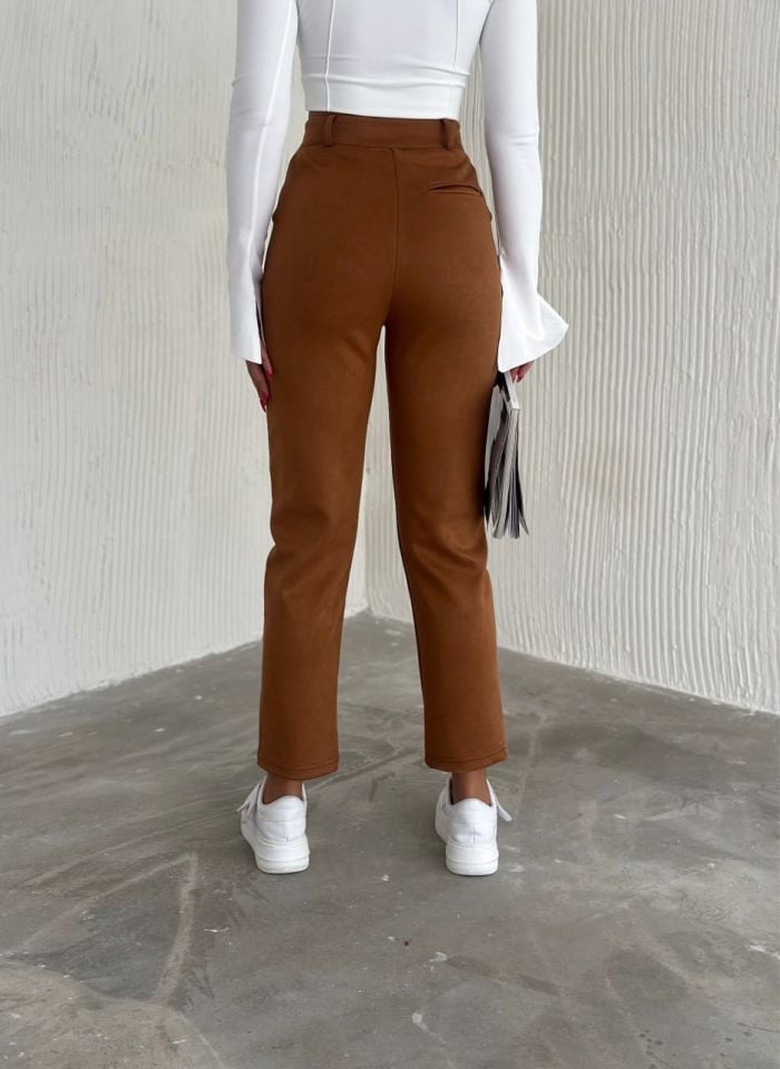 Kadın Süet Yüksek Bel Havuç Pantolon / women suede fabric high waist trousers L - KAHVERENGİ
