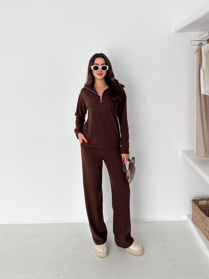 Selanik Kumaş Eşofman Takımı Kadın | Knit Tracksuit Women | Fermuarlı Rahat Fit Set XL - KAHVERENGİ