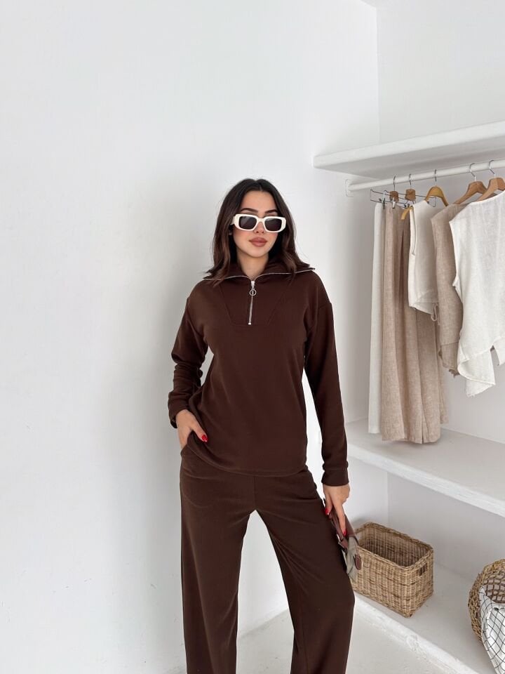 Selanik Kumaş Eşofman Takımı Kadın | Knit Tracksuit Women | Fermuarlı Rahat Fit Set XL - KAHVERENGİ