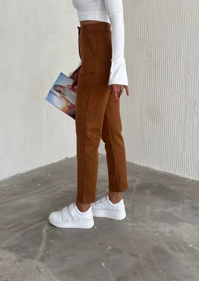 Kadın Süet Yüksek Bel Havuç Pantolon / women suede fabric high waist trousers XL - KAHVERENGİ