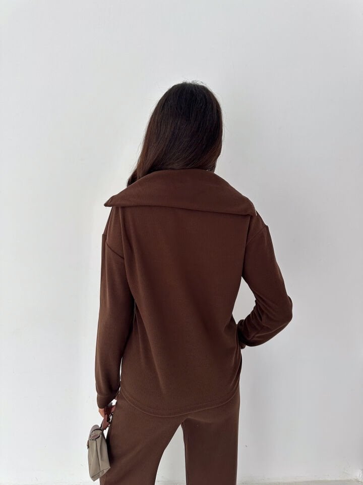 Selanik Kumaş Eşofman Takımı Kadın | Knit Tracksuit Women | Fermuarlı Rahat Fit Set XL - KAHVERENGİ