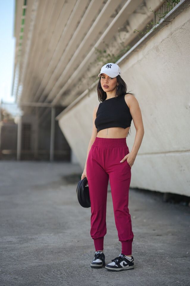 Kadın Yazlık Scuba Dalgıç 8Cm Lastik Kemerli Paça Pile Detaylı Eşofman Altı WM M - BORDO