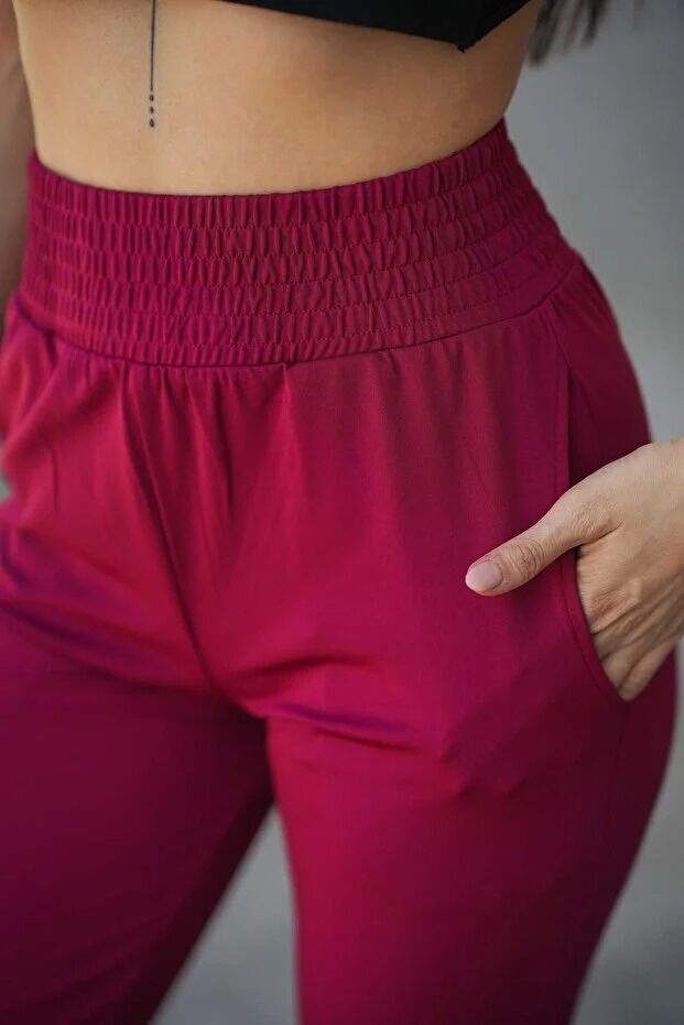 Kadın Yazlık Scuba Dalgıç 8Cm Lastik Kemerli Paça Pile Detaylı Eşofman Altı WM M - BORDO