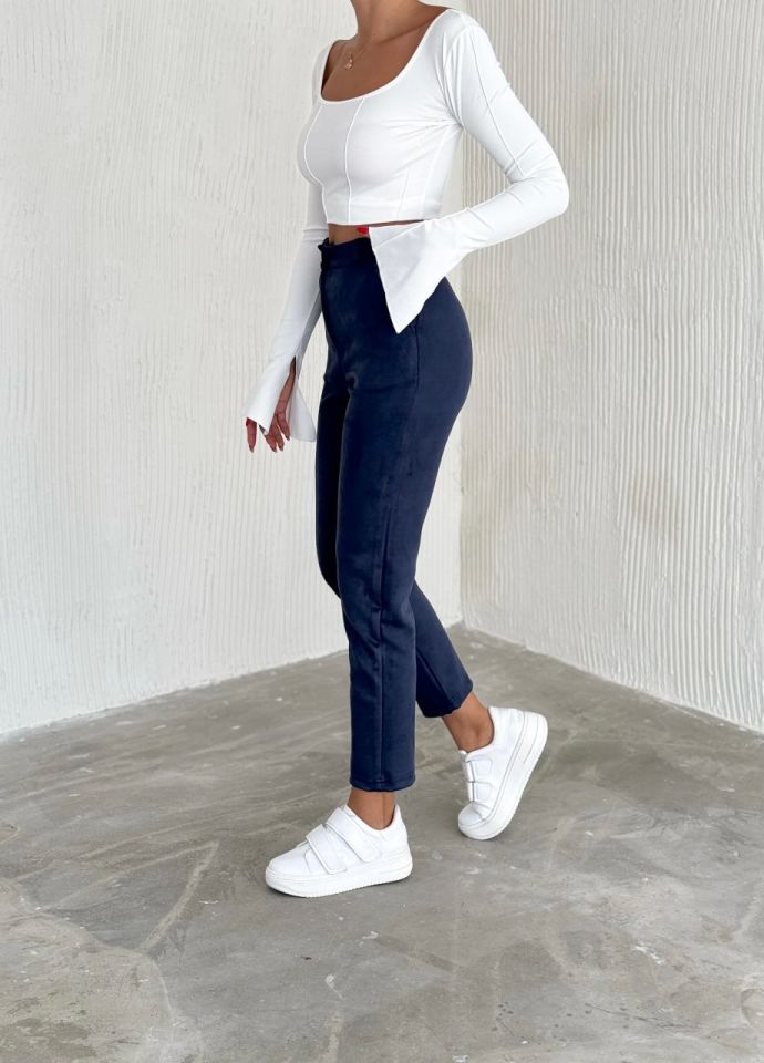 Kadın Süet Yüksek Bel Havuç Pantolon / women suede fabric high waist trousers L - LACİVERT