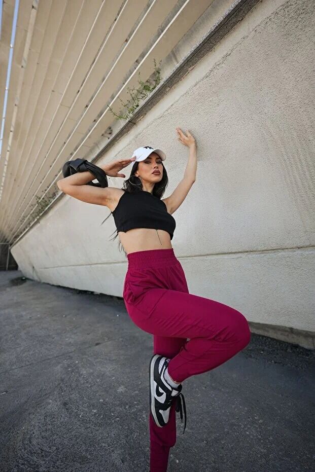 Kadın Yazlık Scuba Dalgıç 8Cm Lastik Kemerli Paça Pile Detaylı Eşofman Altı WM M - BORDO