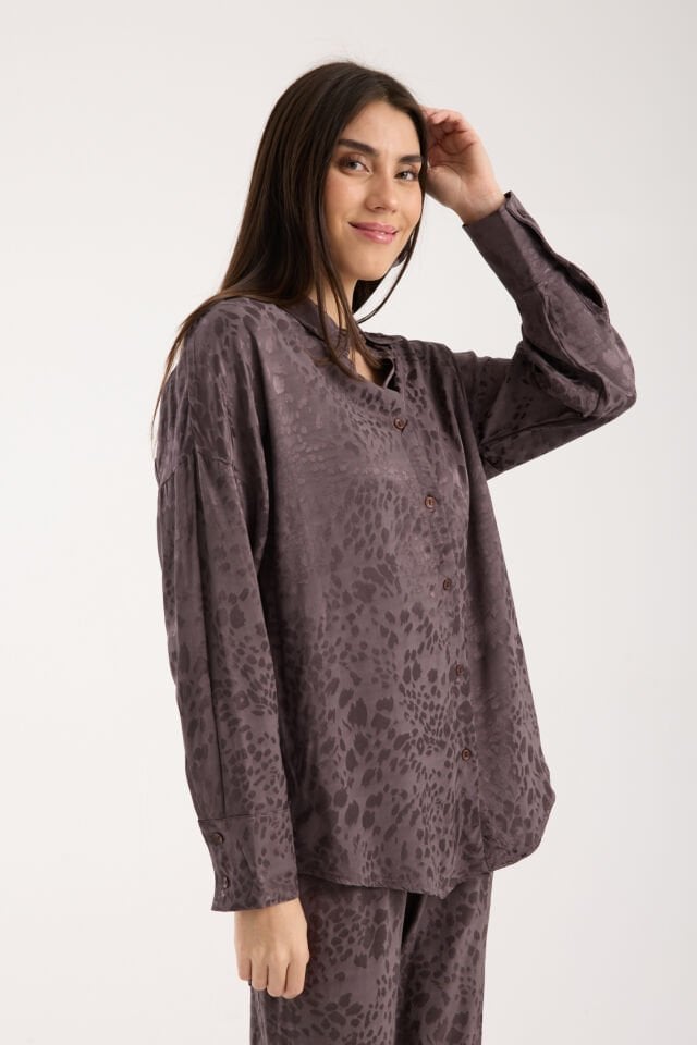 KADIN GÜNLÜK TAKIM - BAGGY PANTOLON VE SALAŞ GÖMLEK - DOKULU TAKIM L - FÜME ANRESİT