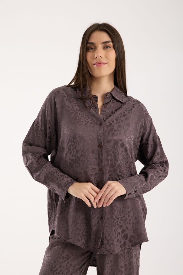 KADIN GÜNLÜK TAKIM - BAGGY PANTOLON VE SALAŞ GÖMLEK - DOKULU TAKIM L - FÜME ANRESİT