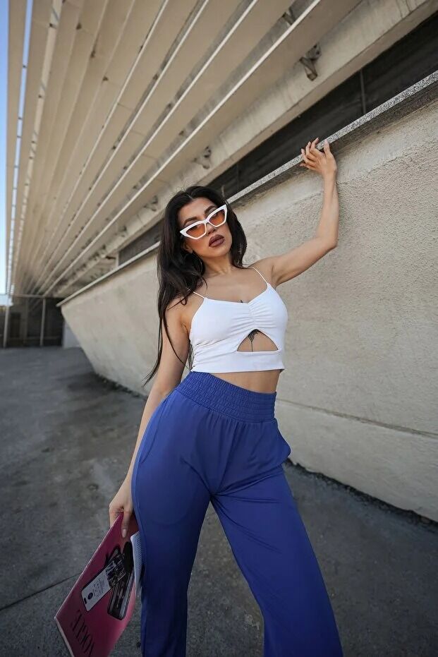 Kadın Yazlık Scuba Dalgıç 8Cm Lastik Kemerli Paça Pile Detaylı Eşofman Altı WM M - MAVİ