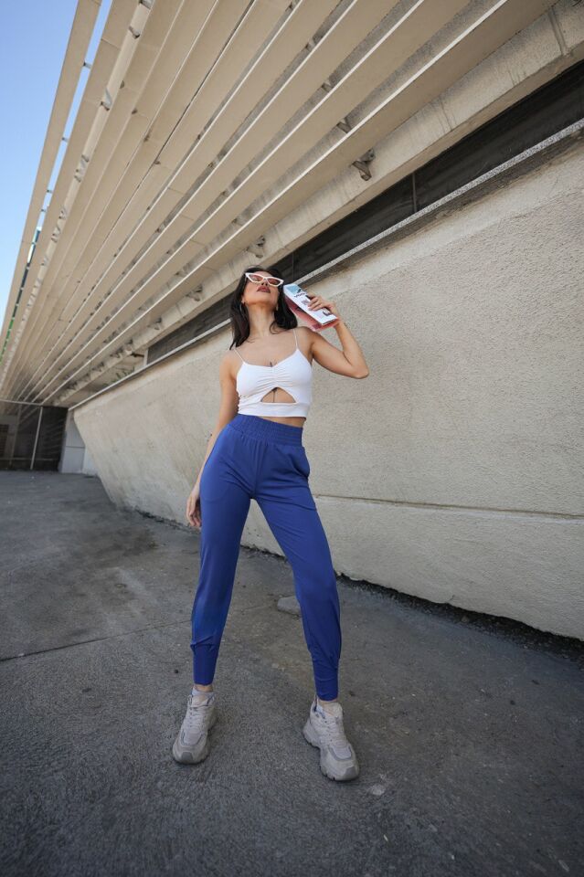 Kadın Yazlık Scuba Dalgıç 8Cm Lastik Kemerli Paça Pile Detaylı Eşofman Altı WM M - MAVİ