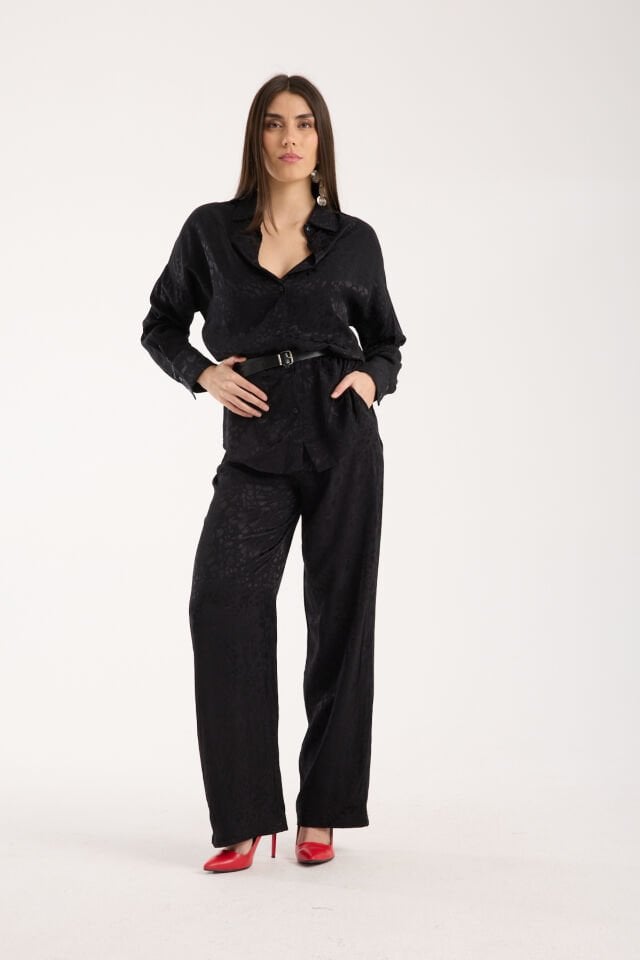 KADIN GÜNLÜK TAKIM - BAGGY PANTOLON VE SALAŞ GÖMLEK - DOKULU TAKIM L - SİYAH