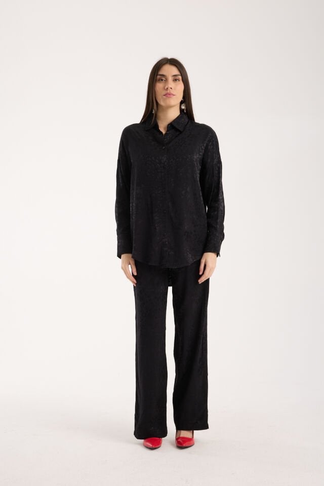 KADIN GÜNLÜK TAKIM - BAGGY PANTOLON VE SALAŞ GÖMLEK - DOKULU TAKIM L - SİYAH