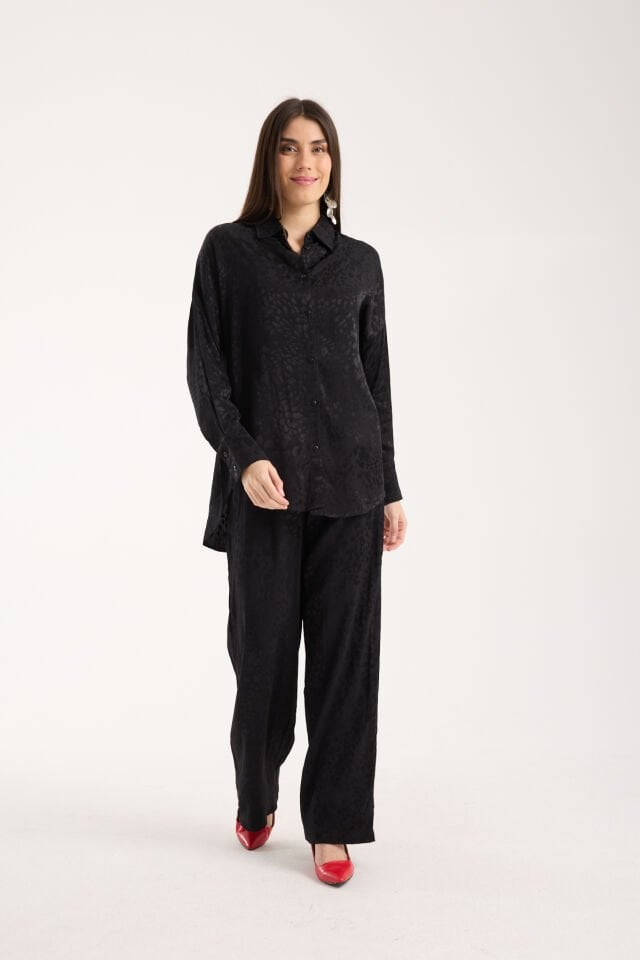 KADIN GÜNLÜK TAKIM - BAGGY PANTOLON VE SALAŞ GÖMLEK - DOKULU TAKIM L - SİYAH