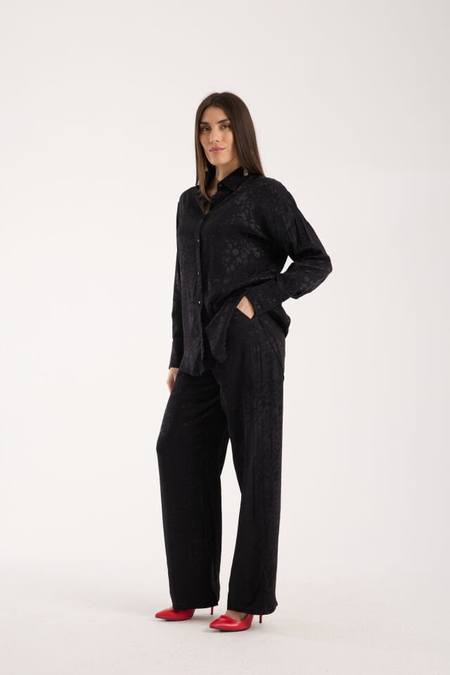 KADIN GÜNLÜK TAKIM - BAGGY PANTOLON VE SALAŞ GÖMLEK - DOKULU TAKIM L - SİYAH