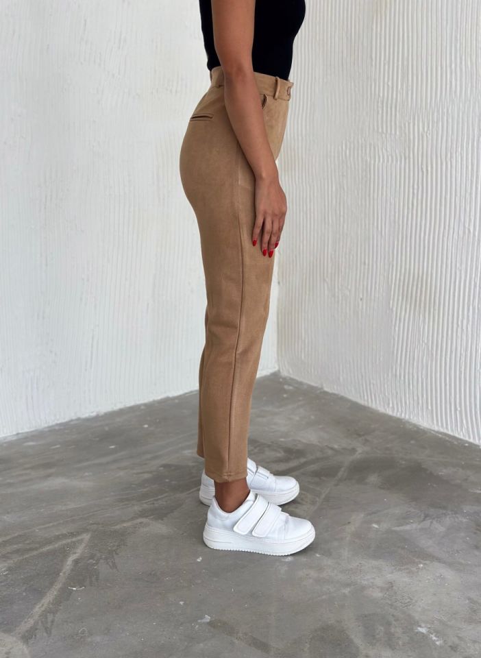 Kadın Süet Yüksek Bel Havuç Pantolon / women suede fabric high waist trousers XL - TABA