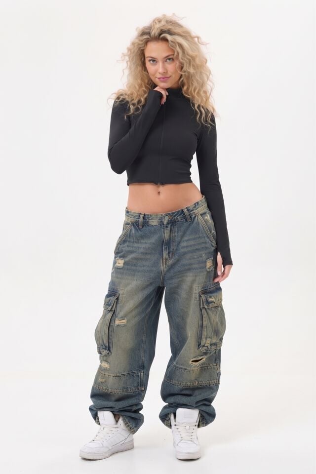 Fit Kesim Gizli Fermuarlı Parmak Geçmeli Crop Ceket 2026-31 SİYAH - XXL