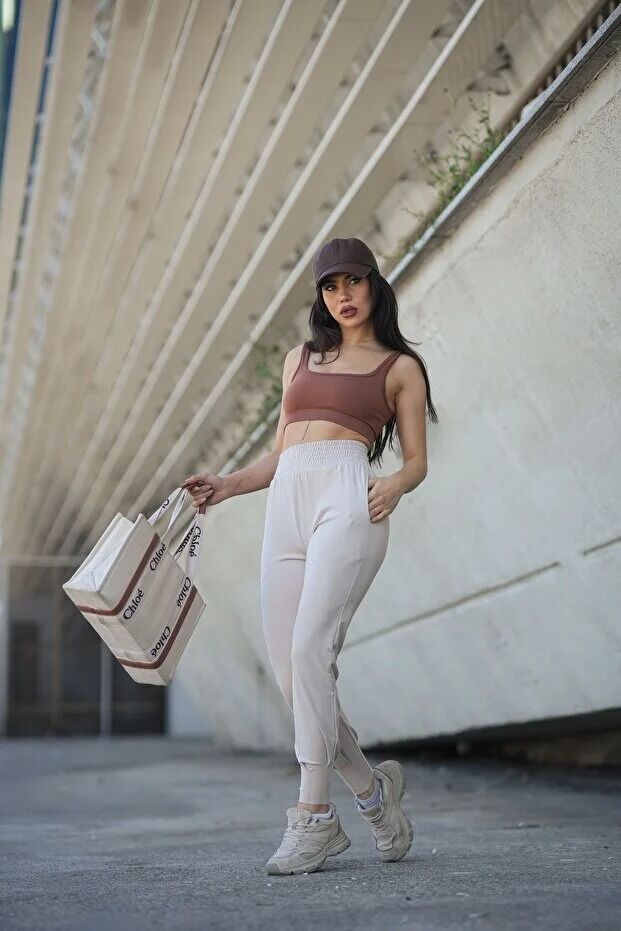 Kadın Yazlık Scuba Dalgıç 8Cm Lastik Kemerli Paça Pile Detaylı Eşofman Altı WM M - BEJ