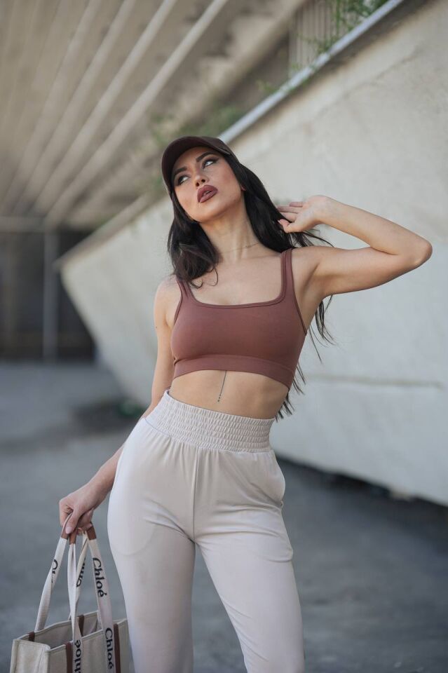 Kadın Yazlık Scuba Dalgıç 8Cm Lastik Kemerli Paça Pile Detaylı Eşofman Altı WM M - BEJ