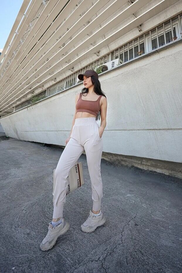 Kadın Yazlık Scuba Dalgıç 8Cm Lastik Kemerli Paça Pile Detaylı Eşofman Altı WM M - BEJ