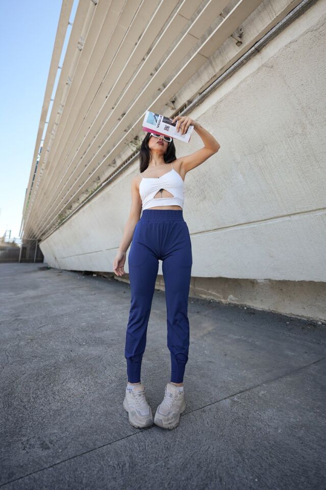 Kadın Yazlık Scuba Dalgıç 8Cm Lastik Kemerli Paça Pile Detaylı Eşofman Altı WM M - LACİVERT