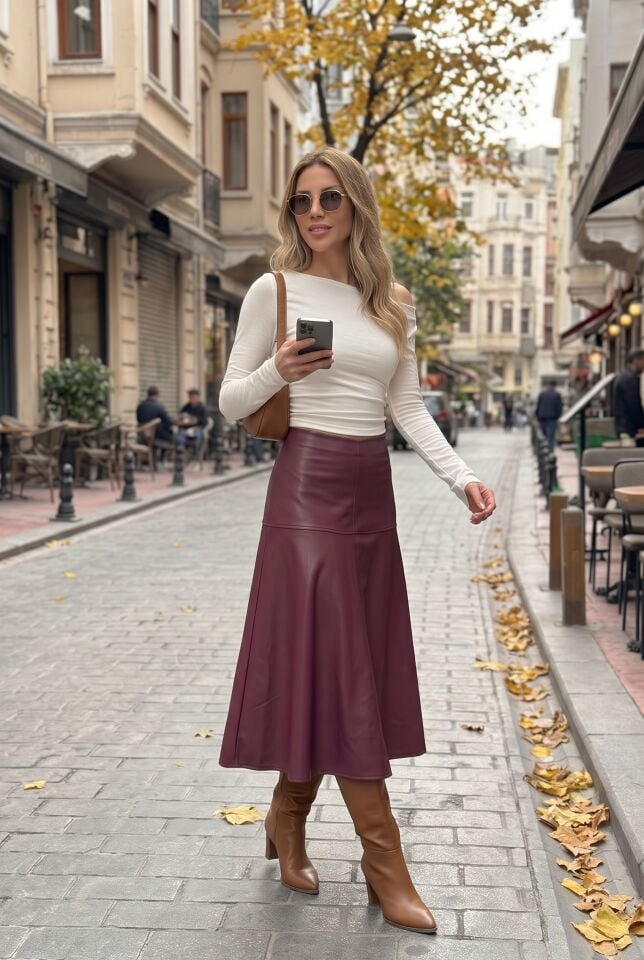 Parçalı Deri Etek / Suni Deri Kloş Etek Tam Boy 80 Cm 2724 BORDO - XL