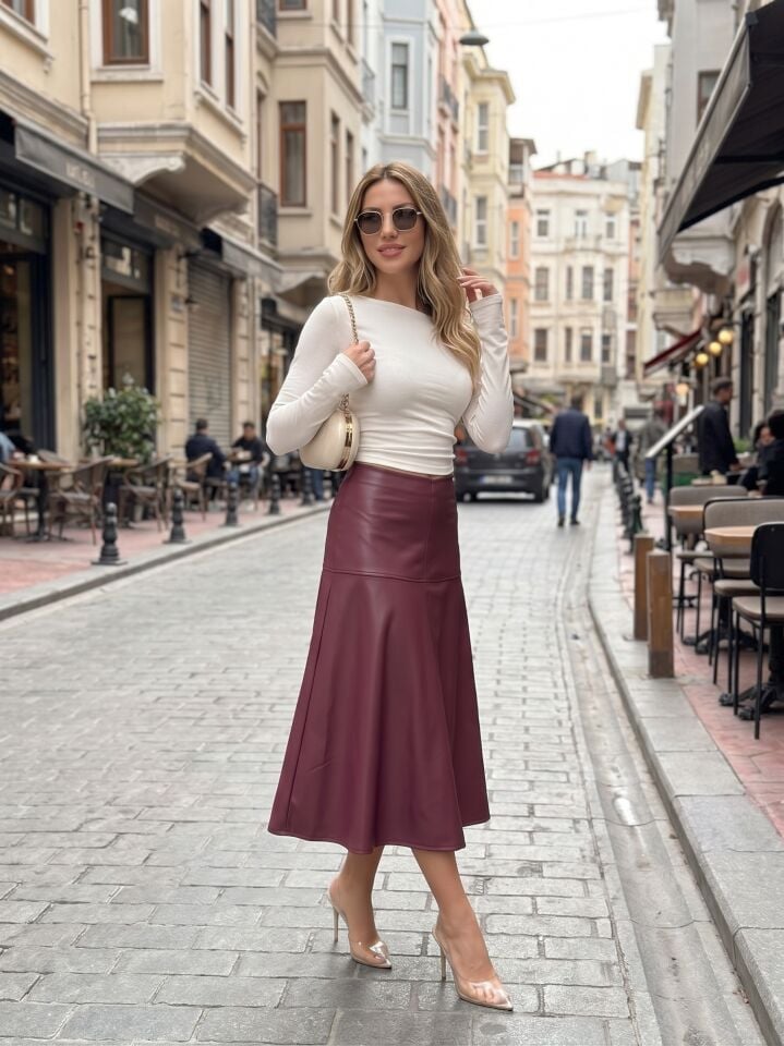 Parçalı Deri Etek / Suni Deri Kloş Etek Tam Boy 80 Cm 2724 BORDO - XL