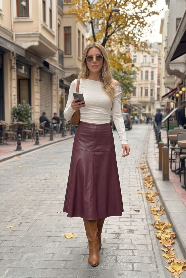 Parçalı Deri Etek / Suni Deri Kloş Etek Tam Boy 80 Cm 2724 BORDO - XL