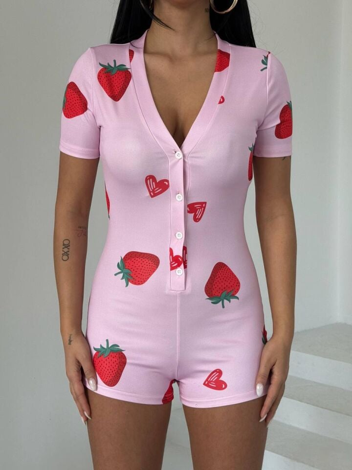 Kadın Desenli Kısa Kol Düğmeli Gecelik Rahat Kullanım Tulum T4 2XL - ÇİLEK DESENLİ