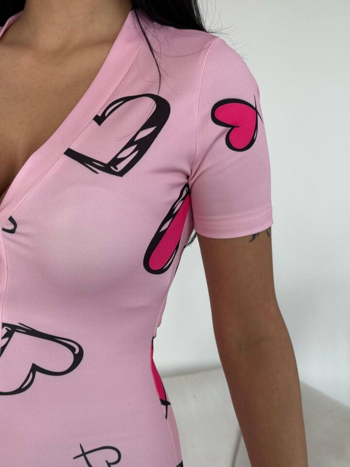 Kadın Desenli Kısa Kol Düğmeli Gecelik Rahat Kullanım Tulum T4 2XL - KALP DESENLİ