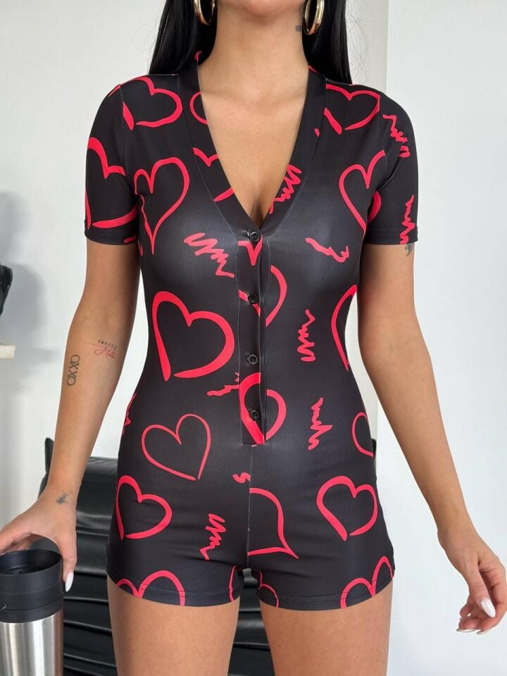 Kadın Desenli ve Düğmeli Kısa Kol Tulum Gecelik T4 2XL - SİYAH PEMBE KALP DESENLİ