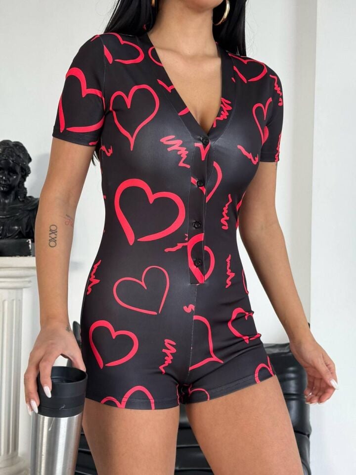 Kadın Desenli ve Düğmeli Kısa Kol Tulum Gecelik T4 2XL - SİYAH PEMBE KALP DESENLİ