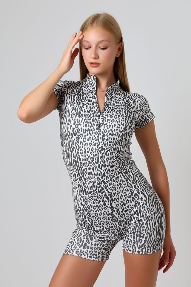 DESENLİ KISA KOLLU SPOR VE GÜNLÜK TULUM XS - AÇIK LEOPAR METALİK