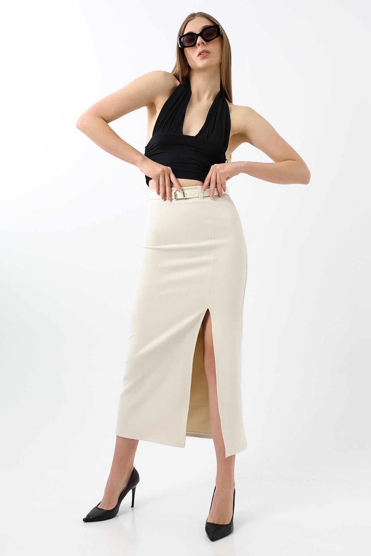 Kadın 92cm Ön Yıtmaçlı  Maxi Boy Süet Etek