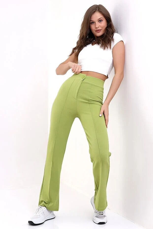 Kadın Önden Dikişli Likralı Kumaş Pantolon 1976 M - YEŞİL