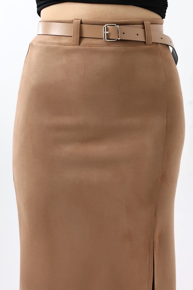 Kadın 92cm Ön Yıtmaçlı  Maxi Boy Süet Etek M - TABA