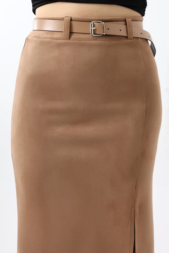 SÜET ETEK MAXİ BOY 92 CM ÖN YIRTMAÇLI /FRONT Slit MAXI LONG SUEDE SKIRT XL - TABA