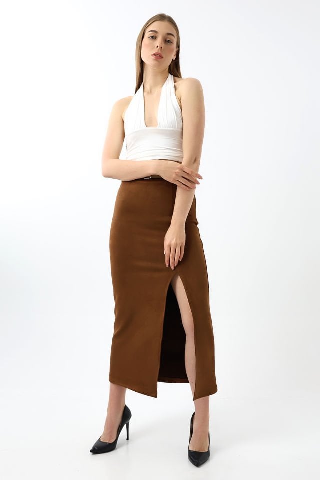 Kadın 92cm Ön Yıtmaçlı  Maxi Boy Süet Etek XS - KOYU KAHVERENGİ
