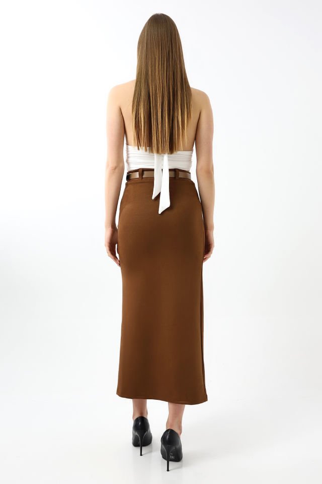 Kadın 92cm Ön Yıtmaçlı  Maxi Boy Süet Etek XS - KOYU KAHVERENGİ