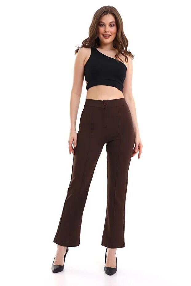 Kadın Önden Dikişli Likralı Kumaş Pantolon 1976 S - KAHVERENGİ